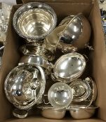 A box of various plated wares to include campana style ice bucket, various vegetable tureens,