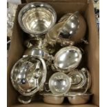 A box of various plated wares to include campana style ice bucket, various vegetable tureens,