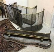 A collection of two brass topped nursery guards, together with a black wrought iron spark guard,