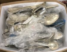 A Victorian silver serving spoon, three silver mustard spoons and box of various plated cutlery,