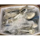 A Victorian silver serving spoon, three silver mustard spoons and box of various plated cutlery,