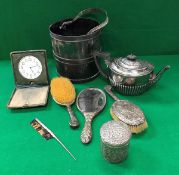 A 19th Century plated ice bucket, Middle Eastern white metal cylindrical box and cover,