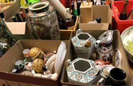 Two boxes of assorted Oriental china wares to include cups and saucers, egg shaped ornaments,