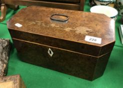 An early 19th Century burr yew lidded box with fabric covered interior (formerly tea caddy)