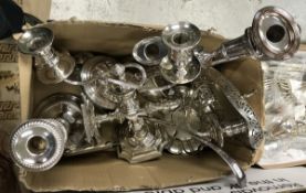 A box of plated wares including a pair of Elkington candelabra,