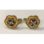 A pair of 18th Century Russian yellow metal, pearl and enamel set buttons, now as cufflinks,