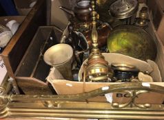 A box of assorted copper and brass wares to include a samovar, various table lamps, etc,