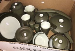 A box of assorted Denby Chevron dinner wares