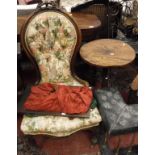 A Victorian carved walnut framed button back salon chair on cabriole front legs to castors,