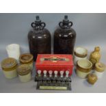 A quantity of stoneware jars, a stoneware ginger beer bottle, vintage screw top glass jar,