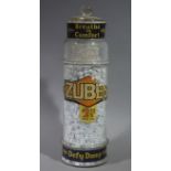 A glass cylindrical 'Zubes' jar and cover with ball finial, colour printed paper labels,