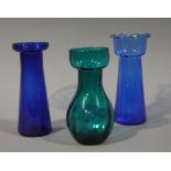 Three glass hyacinth vases in blue and green, 18.5cm, 19.5cm and 17.