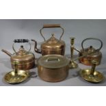 A pair of Victorian brass chamber sticks, brass candlestick Victorian and later copper kettles,