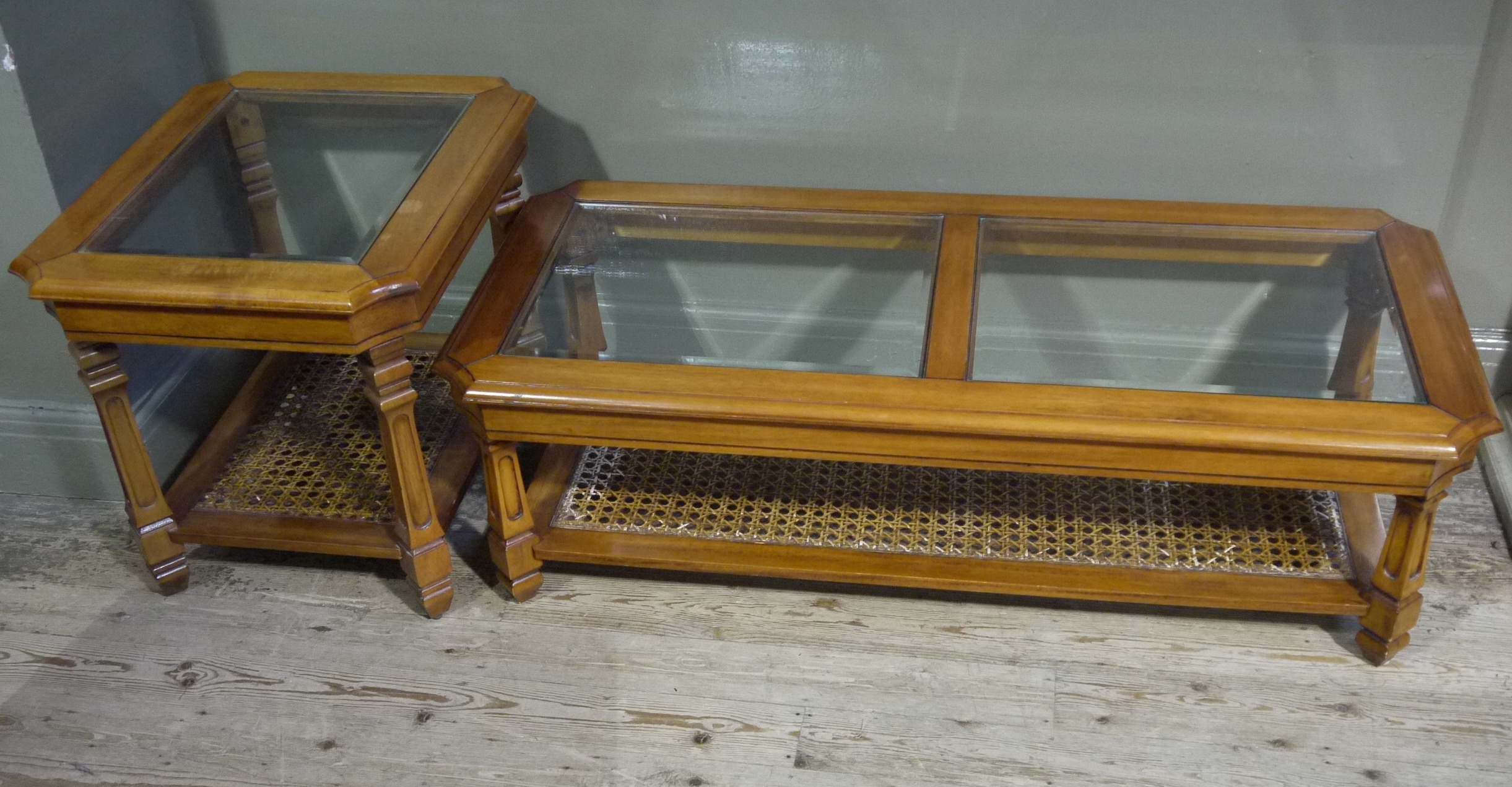 A cherrywood and glass top coffee table with bergere caned undertier and matching lamp table - Image 2 of 2