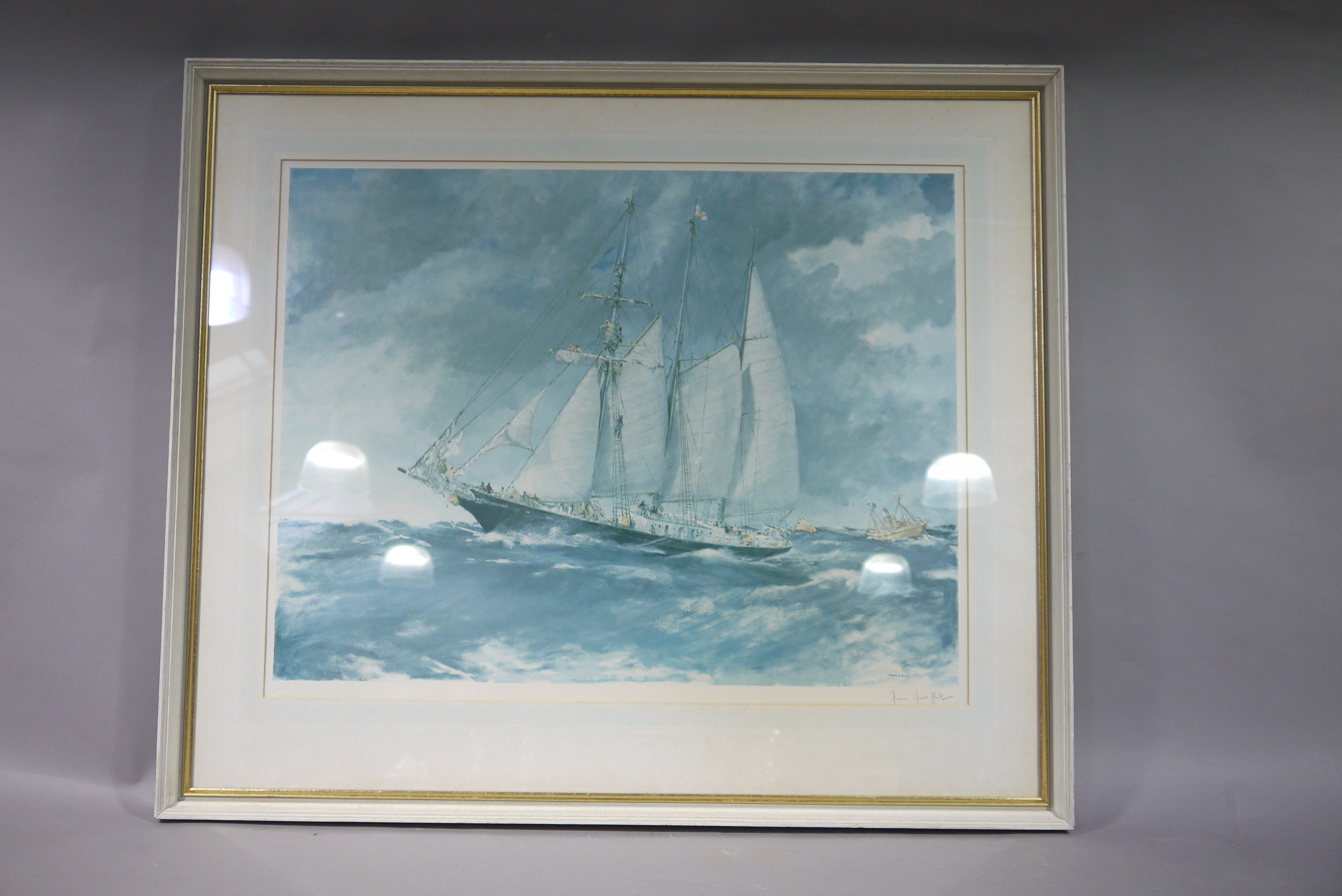 By and After Francis Russell Flint a double masted yacht in a heavy swell, colour print, - Image 2 of 2