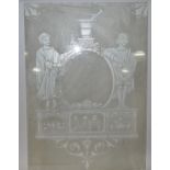 A Victorian etched glass panel depicting a vacant cartouche flanked by a Greek apothecary to either