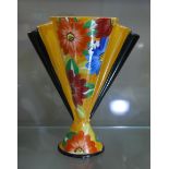 A Dean Sherwin ceramic vase in Deco style, fan shaped with flowers in yellow and black, 18.