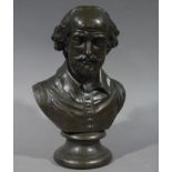 A bronzed effect bust of Shakespeare on turned socle,