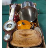 A small quantity of Le Cruset dinner ware, stainless steel pans, barometer, rummer top,