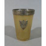 A Victorian silver mounted horn beaker with shield shape cartouche engraved with initials TWW,