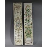 Two Victorian style five tile panels one with jardiniere issuing chrysanthemum branches the other