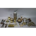 A quantity of miscellaneous brass ware and tools and soda syphon