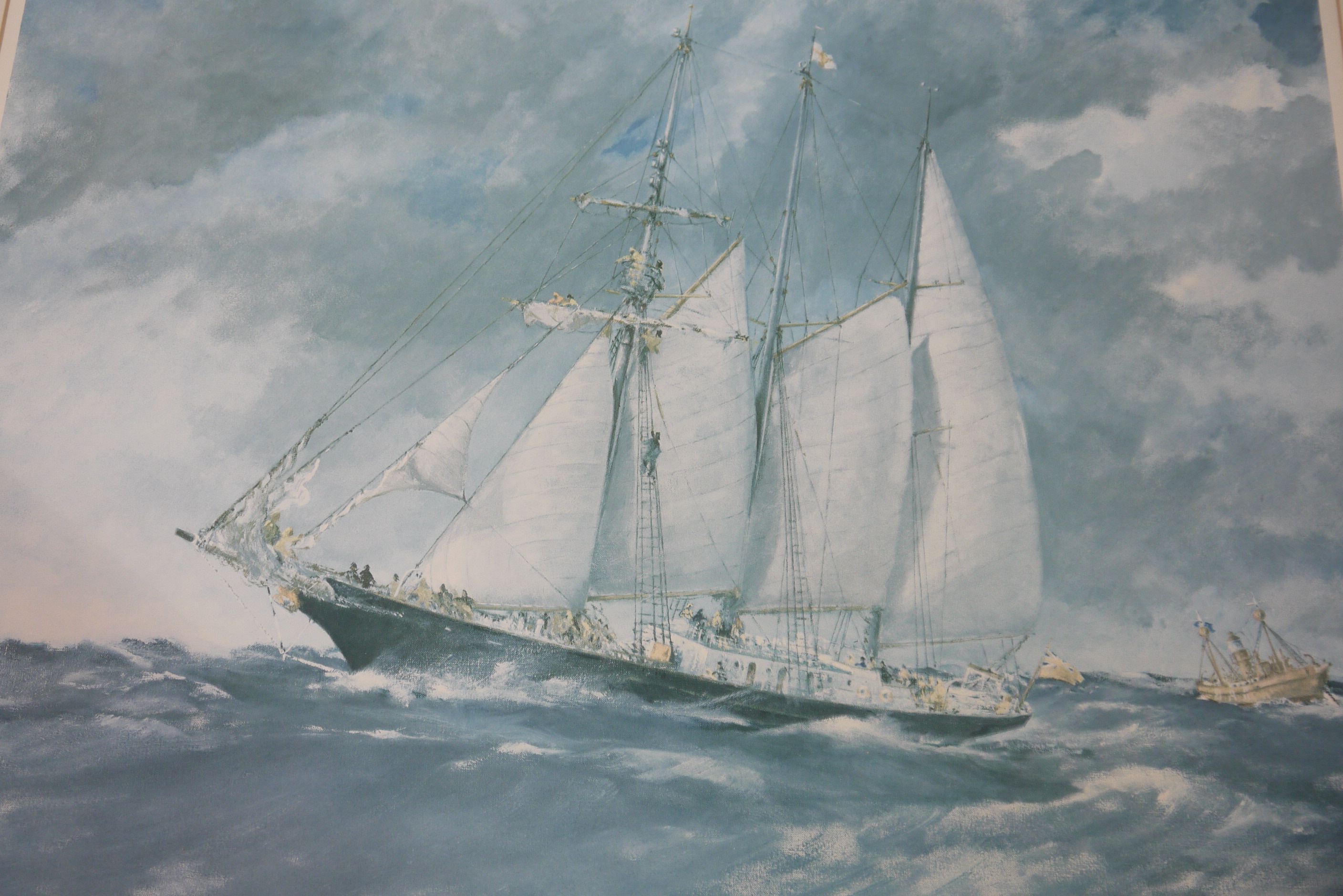 By and After Francis Russell Flint a double masted yacht in a heavy swell, colour print,
