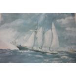 By and After Francis Russell Flint a double masted yacht in a heavy swell, colour print,