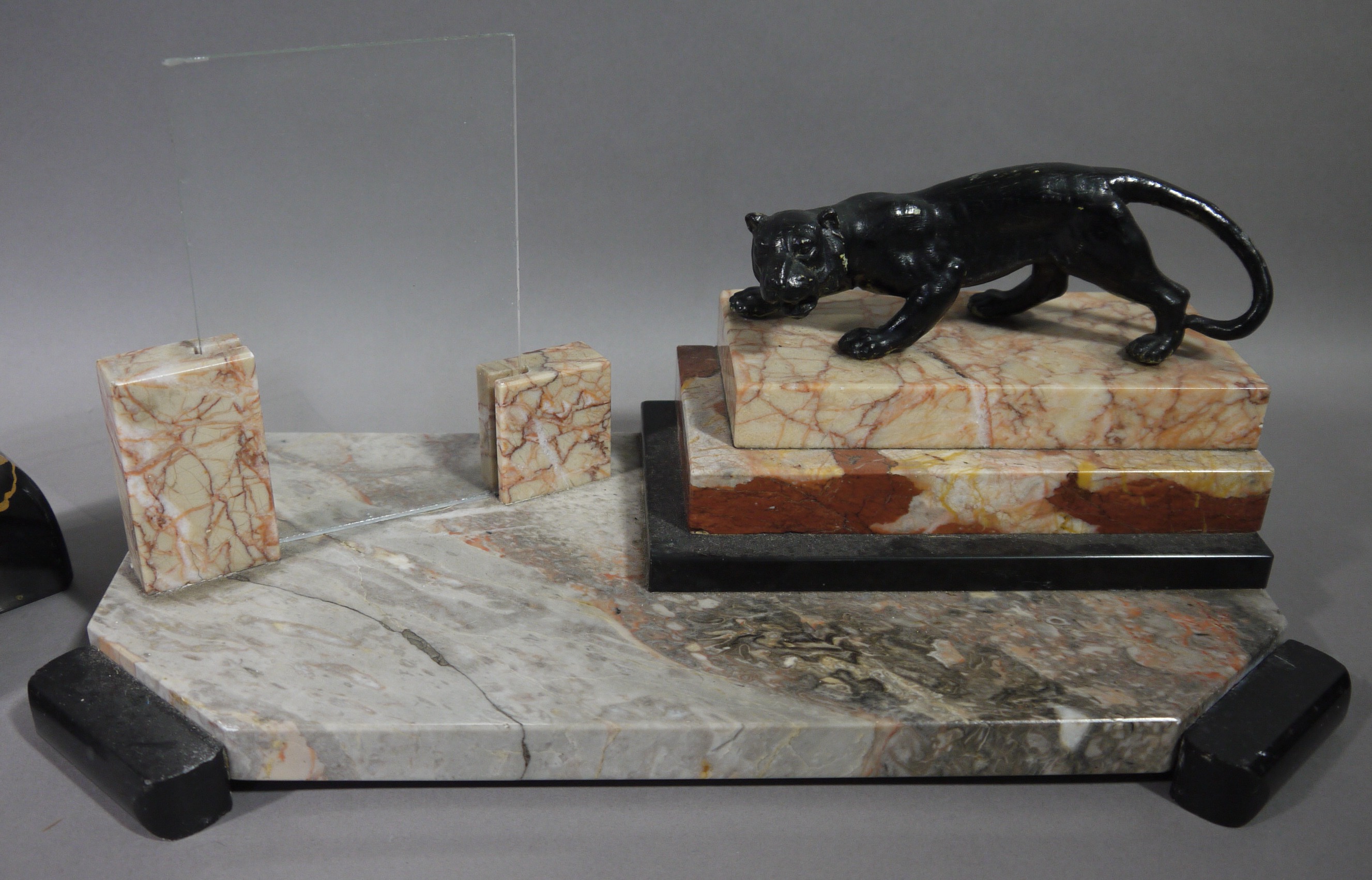 An Art Deco marble and cold painted metal panther photograph frame of rectangular form, 32cm wide, - Image 2 of 2