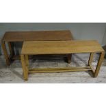 A pair of rectangular teak benches on square legs joined by a double stretcher,