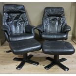 A pair of black leather reclining armchairs and matching footstools by Soderbergs (4)