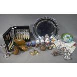 A quantity of plated ware, wooden decorative items, closionne enameled eggs, Hummel figure (a/f),