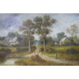 M Goodman landscape with thatched cottages, figures and sheep on a pathway,