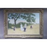 Michael Wood figures harvesting at the turn of the century, oil on canvas, signed to lower right,
