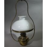 A Victorian brass hanging ceiling light the frame cast with continuous Greek key supporting a