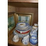 A quantity of miscellaneous blue and white china, pair of gilt framed prints,