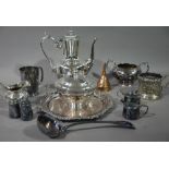 A quantity of silver plated ware including shaped circular salver, two handled dish, coffee pot,