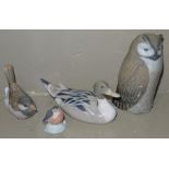 A group of Royal Copenhagen birds including an owl 14cm high, a sparrow,