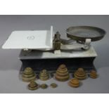 A set of Victorian scales with white pottery platform, brass pan,