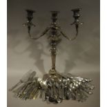 A silver plated two branch candelabrum in George III style,