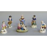 Six continental porcelain miniature figures, one Sitzendorf example numbered 16268,