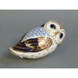 A Royal Crown Derby paperweight modelled as an owl, unmarked lacking plug,