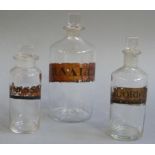 Three Victorian clear glass chemist bottles each with a black and gilt banner inscribed: TR:VALER,