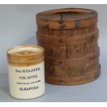 A salt glaze cylindrical jar and cover inscribed George H Clarke, pure butter, central stores,