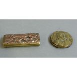 A Victorian and copper plated white metal vesta of rectangular oval form the front with hunting