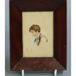 An early 19th century head and shoulder portrait of a young boy, watercolour, 11cm x 7.