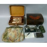 Desk accessories, lacquer box, modern tapestry style bag, leather case containing cut throat razor,