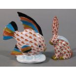 A Herend porcelain fish, 6cm high; a Herend porcelain rabbit, 5.