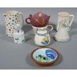 A Gabriella Miller jug, a Kelbrook pottery jug and stopper, a Shannon Bridge Polkadot vase,