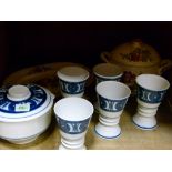 Royal Worcester blue and white studio wares including tureen and cover and goblets together with a